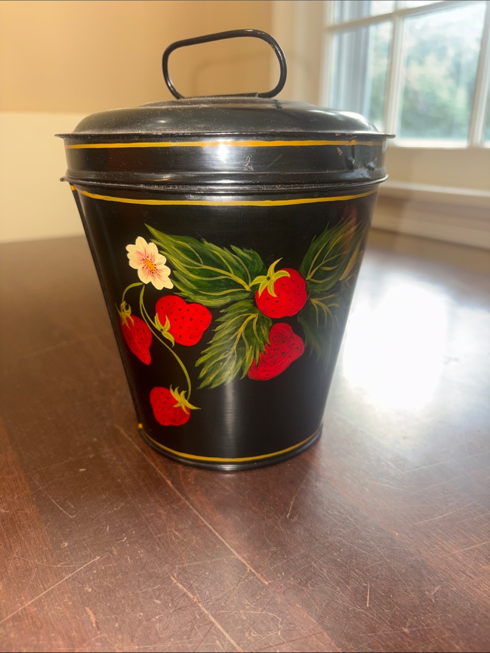 Vintage Toleware Hand-Painted Steamed Pudding Mold Tin & Lid Strawberry Motif